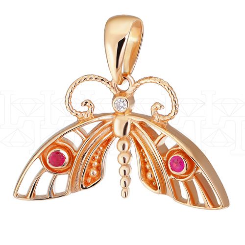 Фото - Подвеска бабочка из рыжего золота с рубинами и бриллиантом P3002-3960 (195)