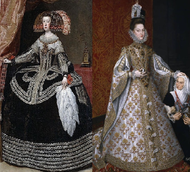 Портреты испанских инфант. Дата портрета Изабеллы 1584г, Маргариты 1664. Испанская мода сохраняет каркасное платье, изменяя его по горизонтали