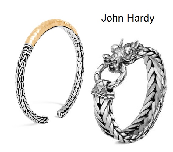 John Hardy, Цепи и браслеты в виде плененных шнуров, с гладкими литьевыми вставками и элементами мелкой ковки.